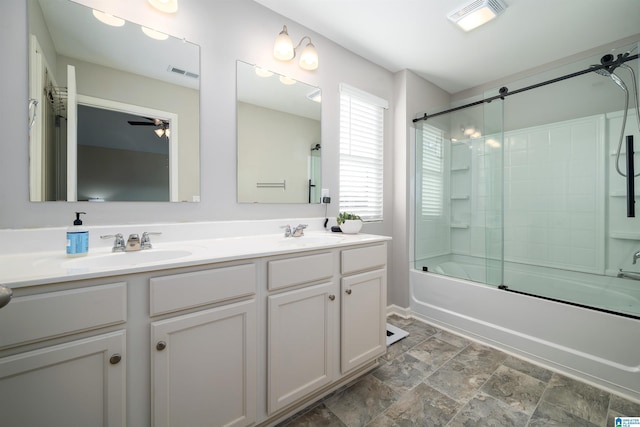 bathroom featuring vanity, shower / bath combination with glass door, and ceiling fan