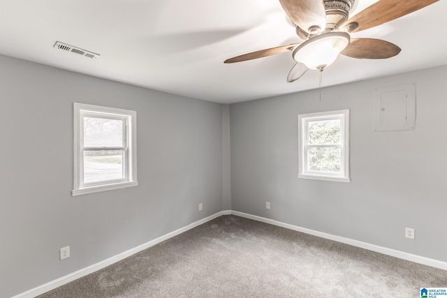 empty room featuring ceiling fan, carpet flooring, electric panel, and a wealth of natural light