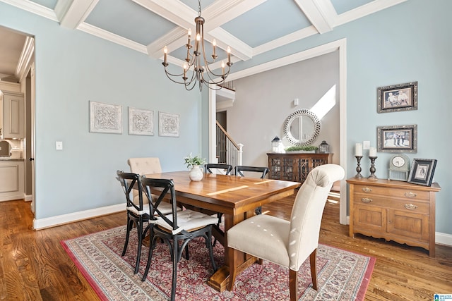 dining space with hardwood / wood-style flooring, coffered ceiling, an inviting chandelier, and beamed ceiling