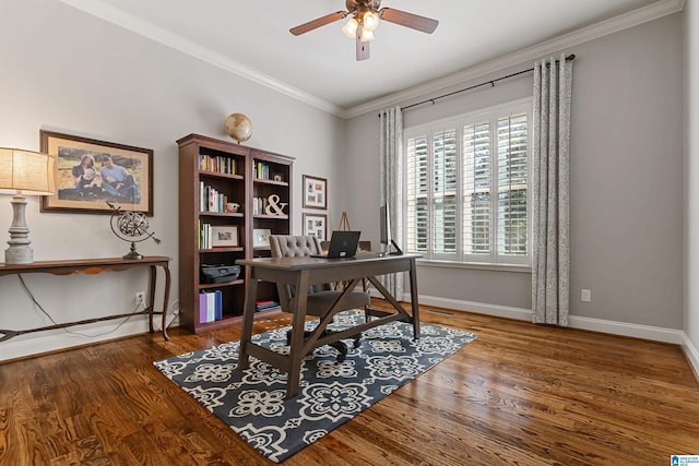 office featuring ceiling fan, ornamental molding, and wood-type flooring