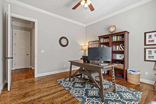 office area featuring crown molding, ceiling fan, and dark hardwood / wood-style flooring