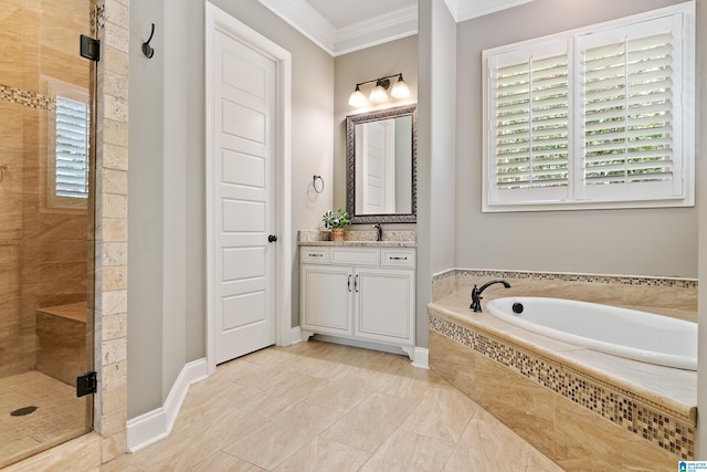 bathroom with independent shower and bath, crown molding, and vanity