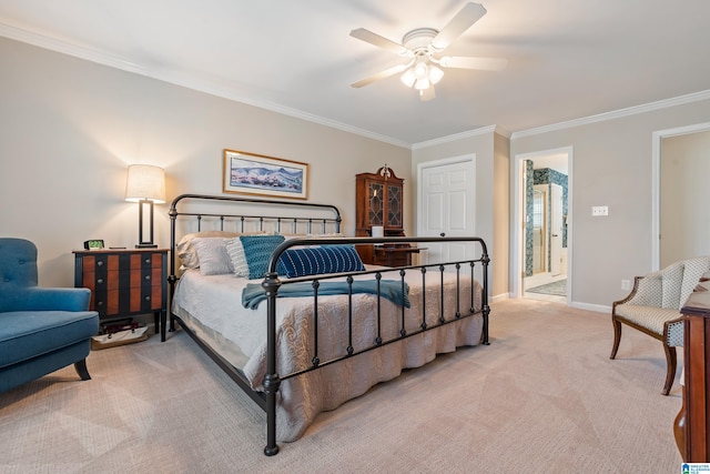 bedroom featuring light carpet, ceiling fan, and ornamental molding