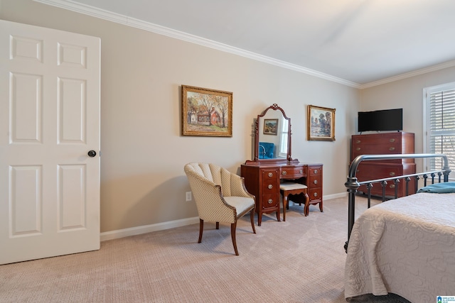 carpeted bedroom featuring ornamental molding