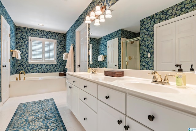 bathroom featuring vanity, tile patterned flooring, and independent shower and bath