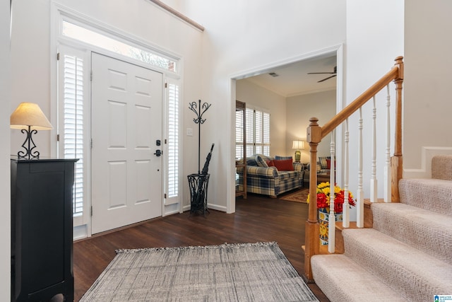 foyer featuring crown molding and dark hardwood / wood-style floors