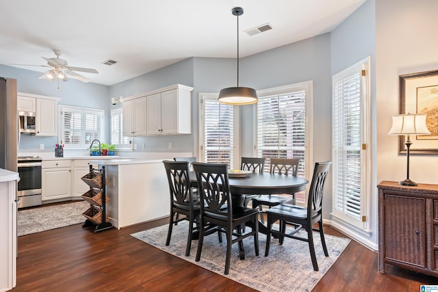 dining room with sink, dark wood-type flooring, and ceiling fan