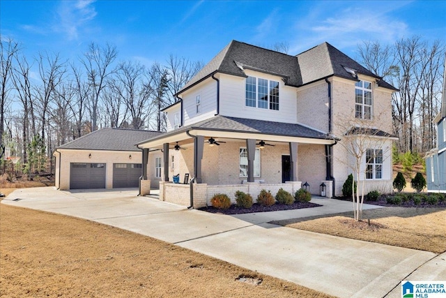 view of front of property featuring covered porch, brick siding, concrete driveway, and roof with shingles