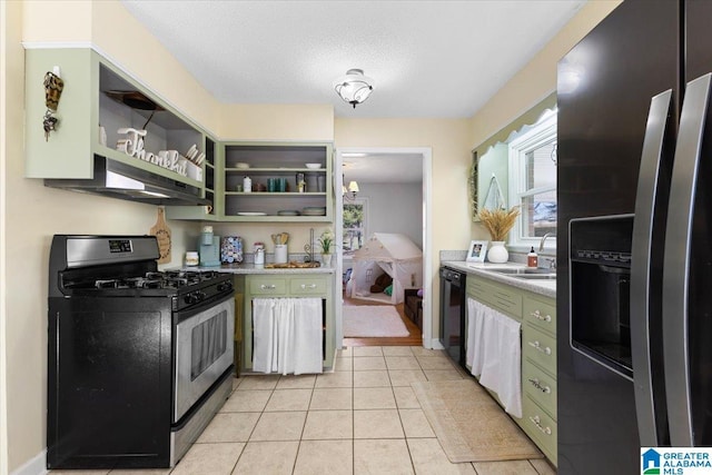 kitchen with open shelves, a sink, refrigerator with ice dispenser, dishwasher, and stainless steel gas range oven