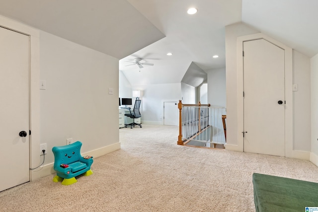 bonus room featuring ceiling fan, vaulted ceiling, and carpet