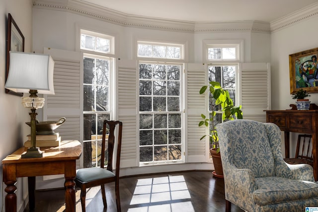 interior space with ornamental molding and dark wood finished floors