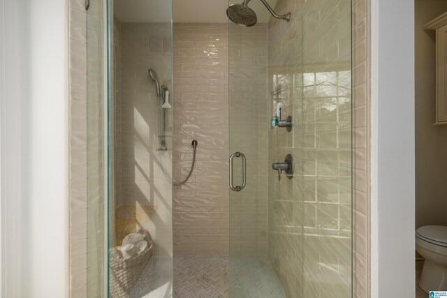 bathroom featuring a stall shower and toilet