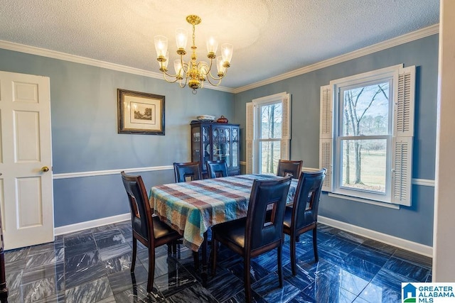 dining area featuring a notable chandelier, ornamental molding, and a textured ceiling