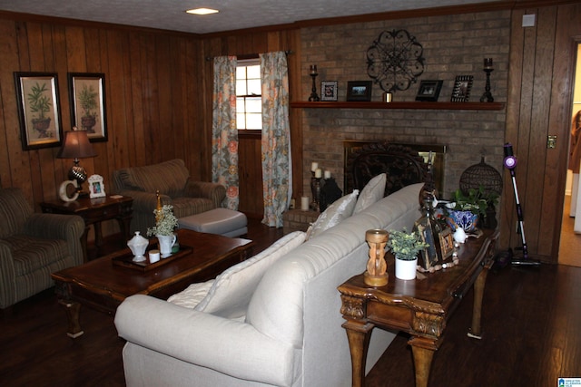 living area featuring a brick fireplace, wood finished floors, and wood walls