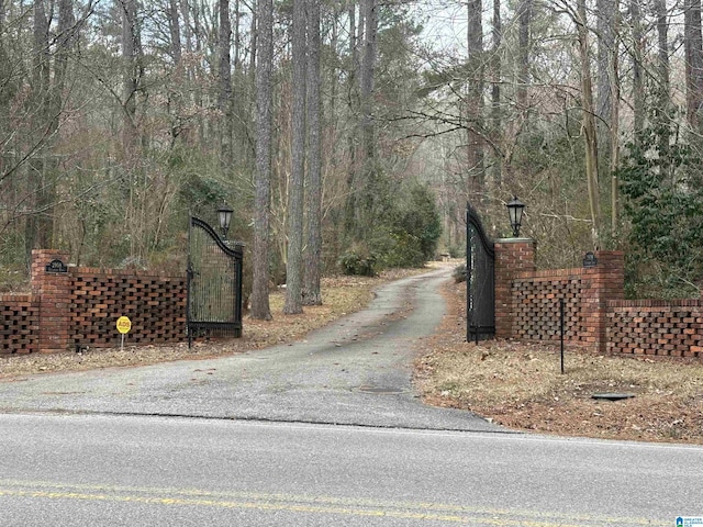 view of road with a gate, aphalt driveway, and street lights