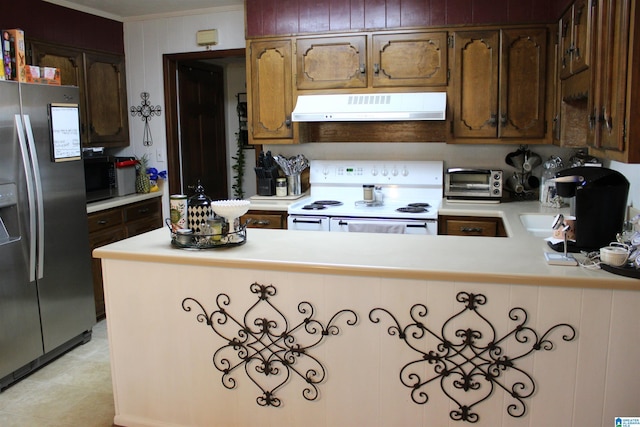 kitchen with crown molding, white electric stove, stainless steel refrigerator with ice dispenser, light countertops, and extractor fan