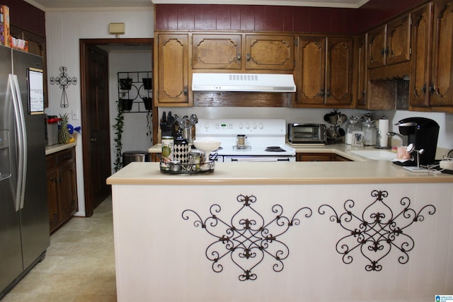 kitchen with electric stove, stainless steel fridge with ice dispenser, light countertops, crown molding, and under cabinet range hood