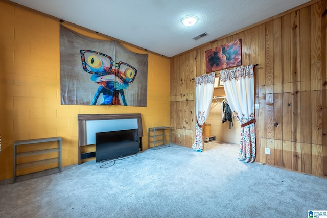 interior space featuring carpet, wooden walls, a textured ceiling, and a fireplace