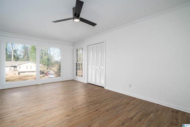 spare room featuring crown molding, ceiling fan, and light wood-type flooring