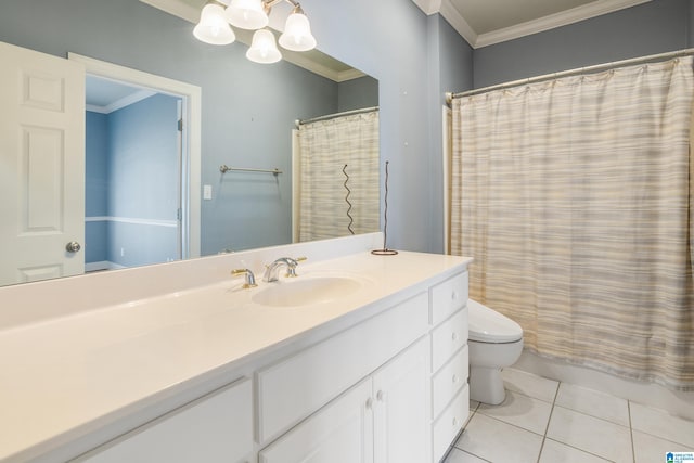 full bathroom featuring crown molding, a shower with shower curtain, toilet, vanity, and tile patterned floors