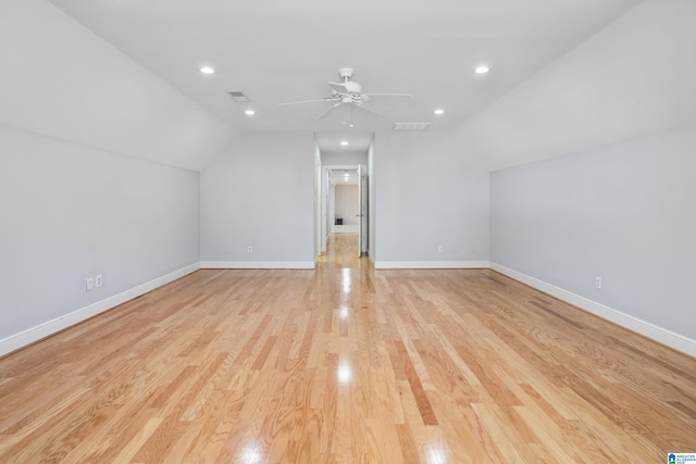 bonus room featuring visible vents, baseboards, light wood-style flooring, ceiling fan, and recessed lighting