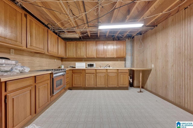 kitchen with appliances with stainless steel finishes, sink, and wooden walls