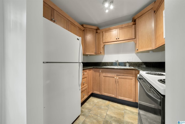 kitchen with sink, electric range oven, and white refrigerator