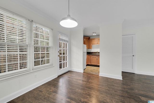 unfurnished dining area with sink and dark hardwood / wood-style flooring