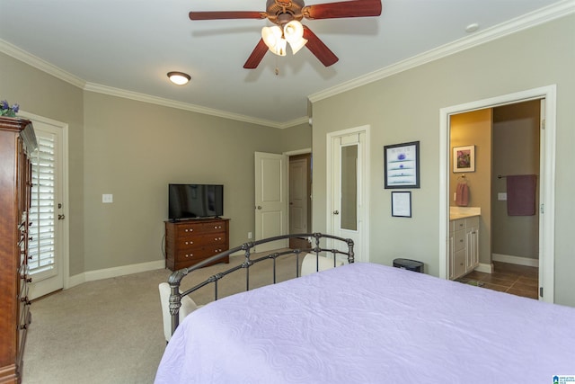 bedroom with light carpet, connected bathroom, crown molding, and ceiling fan