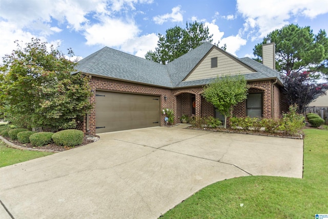 view of front of home with a garage and a front lawn