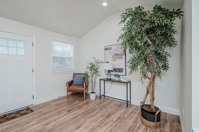 foyer entrance featuring vaulted ceiling and light hardwood / wood-style floors