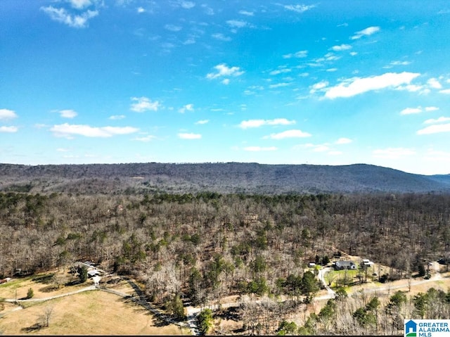 aerial view with a mountain view and a wooded view