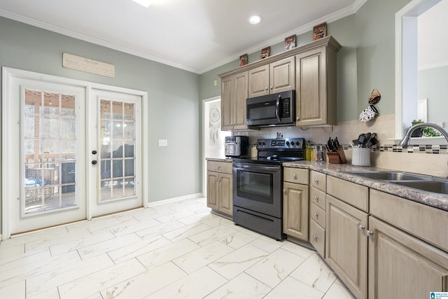 kitchen with light brown cabinets, a sink, marble finish floor, stainless steel range with electric stovetop, and crown molding