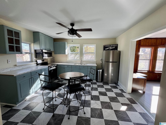 kitchen featuring ceiling fan, stainless steel appliances, and sink
