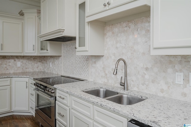 kitchen with appliances with stainless steel finishes, premium range hood, light stone countertops, sink, and white cabinetry