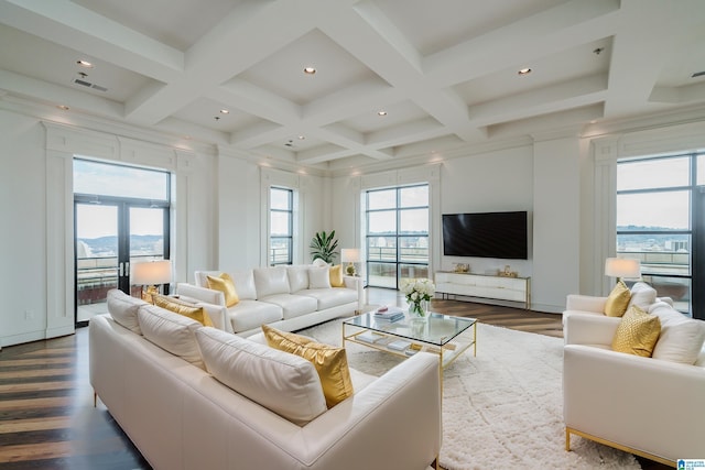 living room with coffered ceiling, french doors, hardwood / wood-style flooring, and beam ceiling