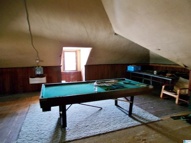 game room with lofted ceiling, wooden walls, billiards, and wood-type flooring