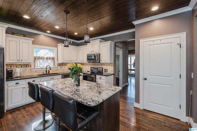 kitchen featuring a kitchen island, sink, white cabinets, wood ceiling, and stainless steel appliances