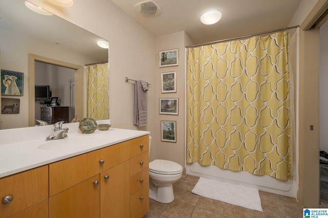 full bathroom featuring tile patterned flooring, toilet, visible vents, vanity, and shower / tub combo with curtain