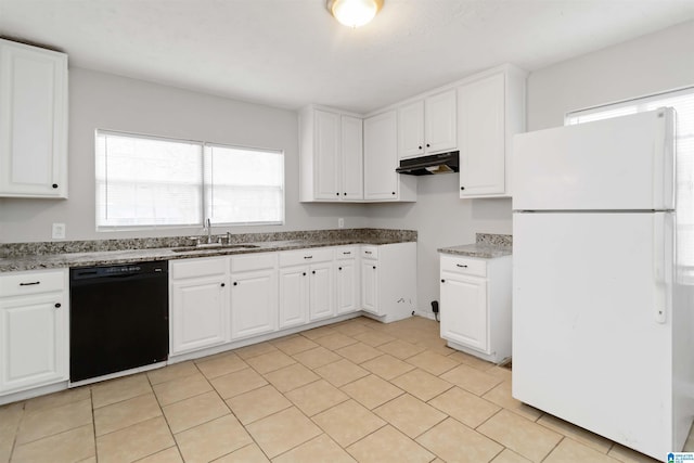 kitchen with sink, dishwasher, white fridge, stone counters, and white cabinets