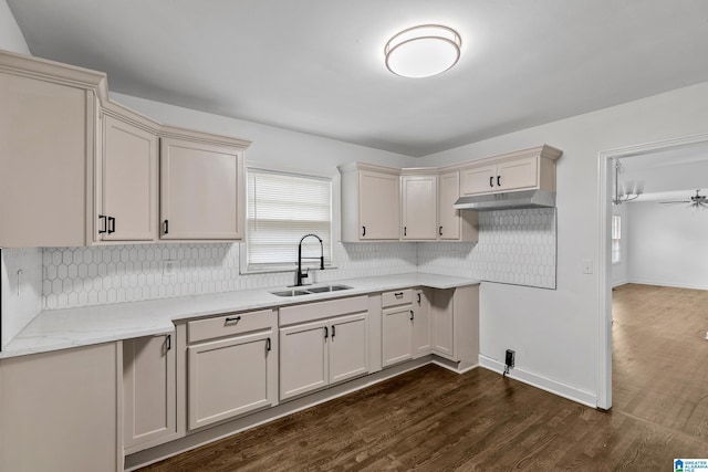 kitchen featuring under cabinet range hood, dark wood-style flooring, a sink, baseboards, and tasteful backsplash