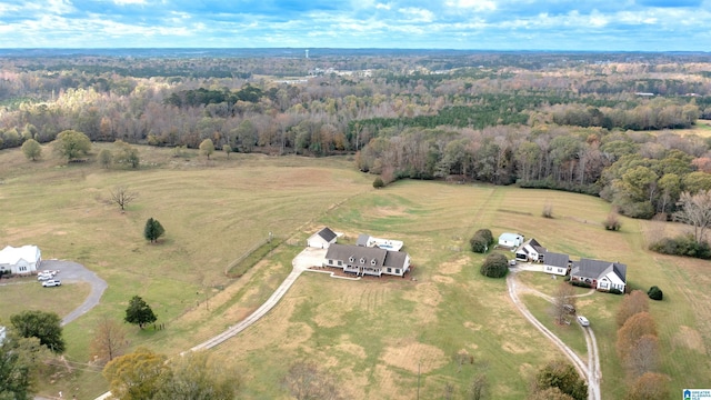 drone / aerial view featuring a forest view and a rural view