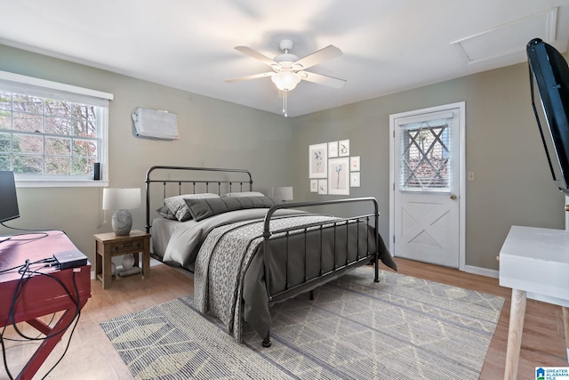 bedroom featuring ceiling fan, multiple windows, and wood finished floors