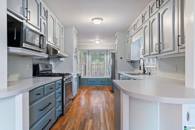 kitchen featuring appliances with stainless steel finishes, dark wood-style flooring, light countertops, under cabinet range hood, and a sink