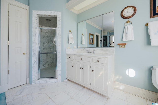 bathroom with crown molding, vanity, and walk in shower