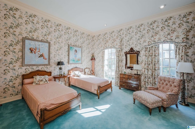 bedroom with crown molding and carpet