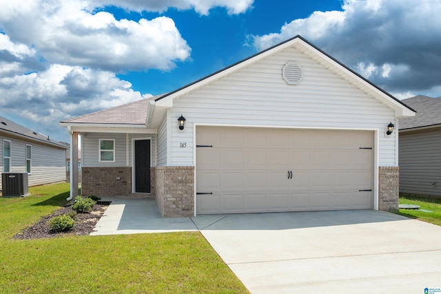 view of front facade featuring central AC, a garage, and a front lawn