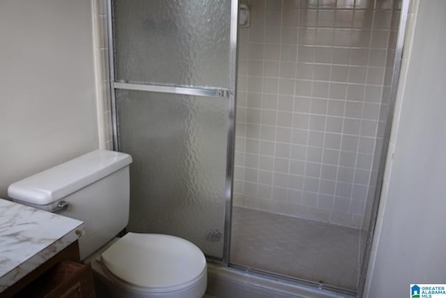 bathroom with vanity, an enclosed shower, and toilet