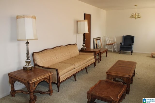 sitting room with carpet and a chandelier