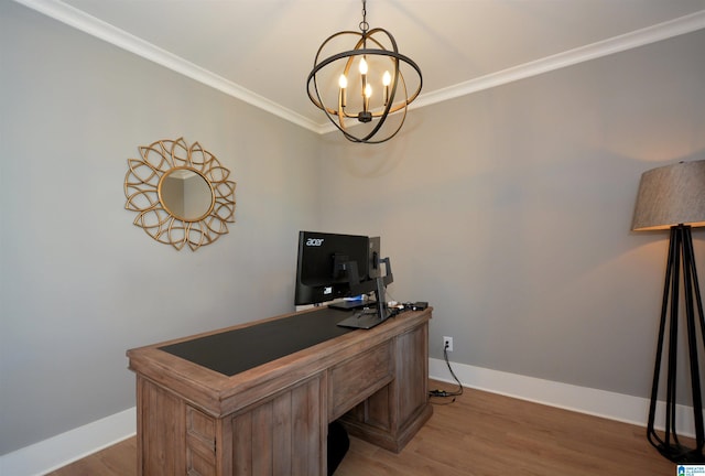 office with baseboards, ornamental molding, wood finished floors, and an inviting chandelier